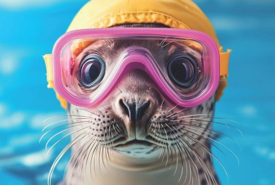 Robbe mit Taucherbrille und Schwimmmütze schaut aus einem Schwimmbecken hoch